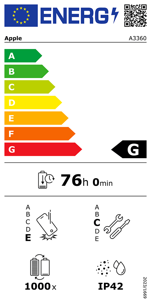 QR kód a informace na energetickém štítku EU, model Apple A3360, třída G, třídy energetické účinnosti (na stupnici od A do G), A (nejvyšší účinnost) až G (nejnižší účinnost), výdrž baterie na jeden cyklus, 76 hodin a 0 minut na plné nabití baterie, třída spolehlivosti při opakovaném volném pádu E, A (nejvyšší odolnost) až E (nejnižší odolnost), třída opravitelnosti C, A (nejlepší opravitelnost) až E (nejhorší opravitelnost), životnost baterie 1 000 cyklů, stupeň ochrany proti vniknutí prachu a vody (IP) IP42, nařízení 2023/1669