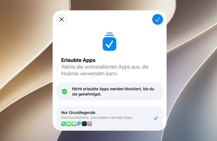 Der Systemassistent Bildschirm zeigt die Eltern und Erziehungsberechtigten zur Verfügung stehende Möglichkeit, Apps für einen Kinderaccount zu prüfen und zu genehmigen.