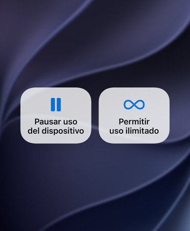 Pantalla que muestra los botones Pausar Uso del Dispositivo y Permitir Uso Ilimitado. 
