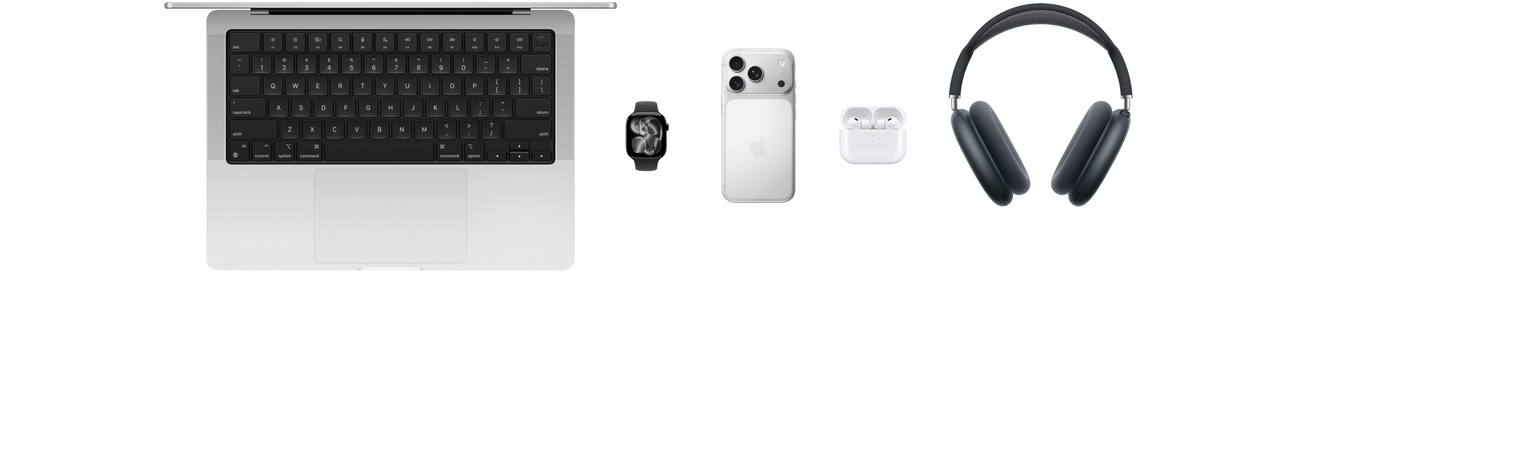 Vari prodotti Apple, tra cui MacBook, Apple Watch Series 11, iPhone 17 Pro, AirPods Pro 3 e AirPods Max