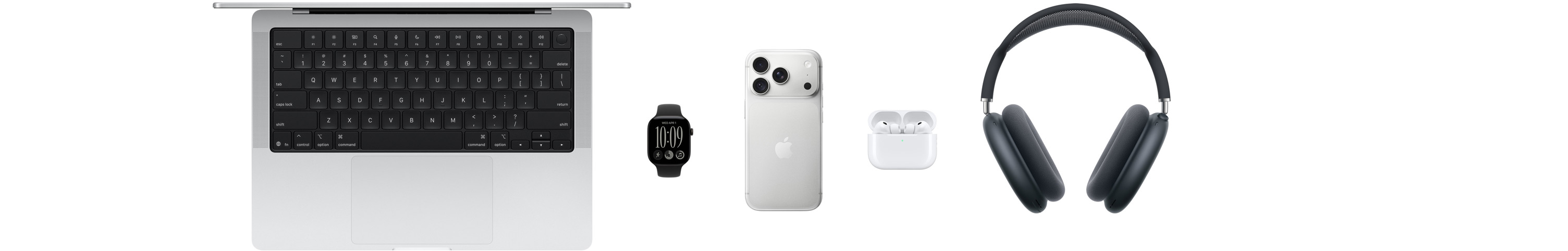Diverse Apple-produkter, inkludert en MacBook, en Apple Watch Series 11, en iPhone 17 Pro, AirPods Pro 3, AirPods Max