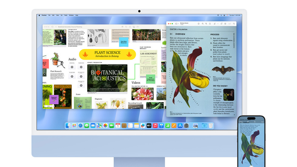Een iMac en een iPhone met kleurrijke content.