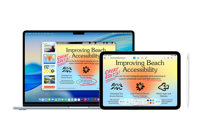 Mac og iPad viser den samme presentasjonen med røde Apple Pencil-merkinger som et eksempel på kontinuitet på tvers av enheter. Apple Pencil vises fra forsiden.