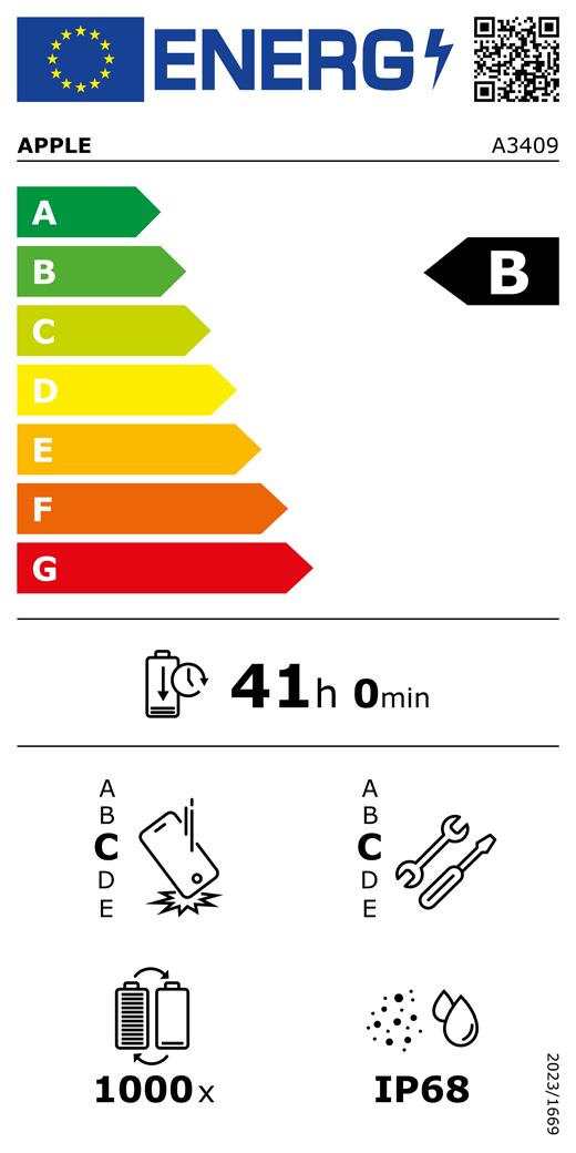 EU-energimærke, QR-kode og information, Apple-model A3409, klasse B, energieffektivitetsklasser (med en skala fra A til G), A (mest effektiv) til G (mindst effektiv), batteriholdbarhed pr. cyklus: 41 timer og 0 minutter pr. fuld batteriopladning, klasse C for holdbarhed ved gentagne frie fald, A (mest robust) til E (mindst robust), klasse C for reparerbarhed, A (mest reparerbar) til E (mindst reparerbar), batteriholdbarhed på 1000 cyklusser, IP-klassificering for støv- og vandbeskyttelse: IP68, forordning 2023/1669.
