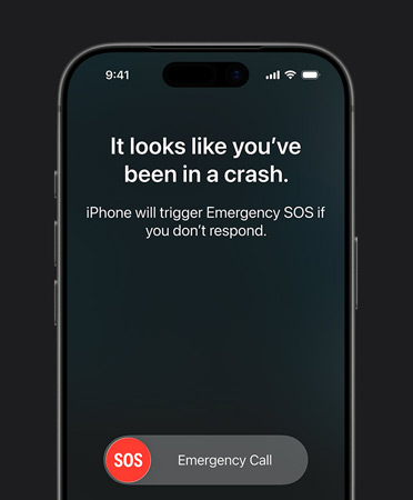 iPhone 17 Pro, fra forsiden, avrundede hjørner, Kollisjonsregistrering-funksjonen i bruk