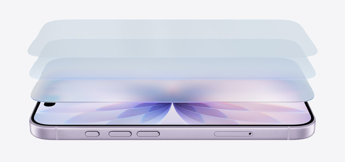 iPhone 17 in de kleur Lavendel, liggend met lange kant voor in beeld en lagen erboven die Ceramic Shield 2 voorstellen