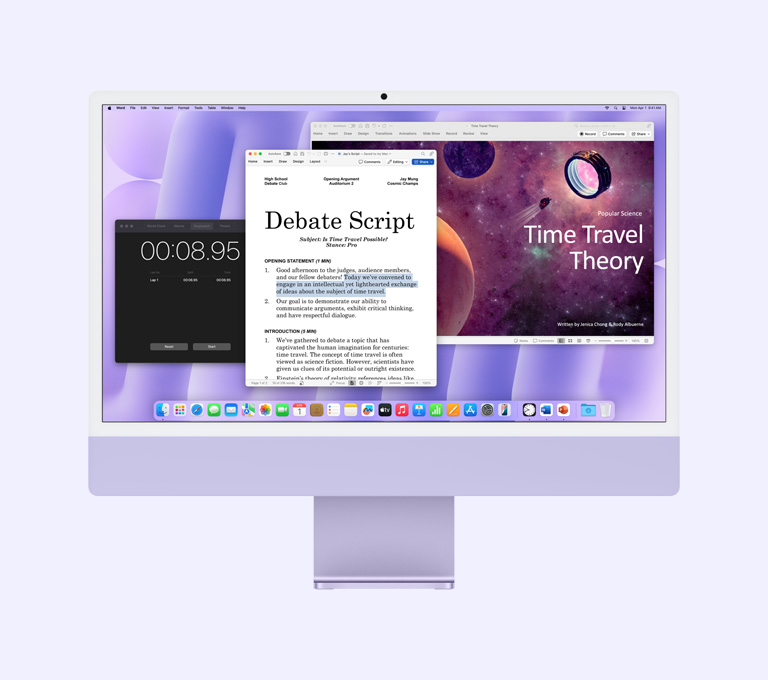 紫色 iMac：螢幕顯示 Microsoft Word、Microsoft PowerPoint 及時鐘 app