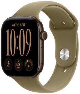 Apple Watch Series 12, sötét bronz alumíniumtok, digitális számlap, komplikációk: nap és dátum, Edzések, pulzusszám, felkészültség, olívaszínű sportszíj