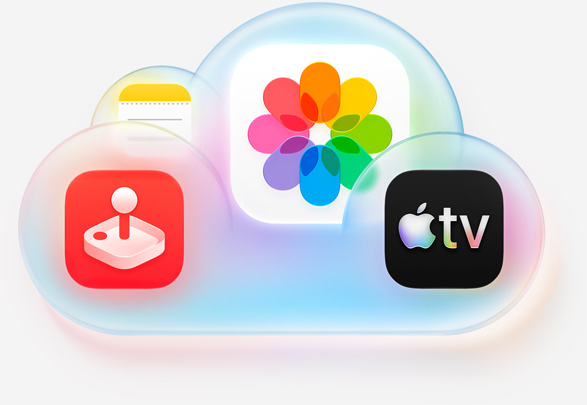 Apple subscription services logotypes including Apple Music, Fitness+, Apple TV,  Apple Arcade, iCloud+