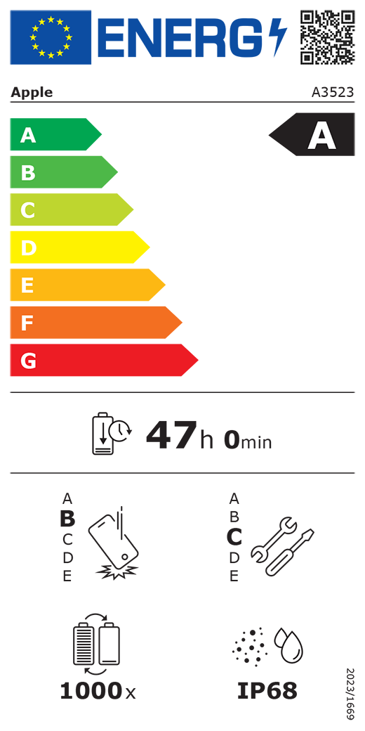 ES energijos vartojimo klasės QR kodas ir informacija, „Apple“ modelis A3523, A klasė, energijos vartojimo klasės (skalė nuo A iki G), nuo A (didžiausias efektyvumas) iki G (mažiausias efektyvumas), baterijos veikimo trukmė vienu ciklu, 47 val. ir 0 min. esant visiškai įkrautai baterijai, pakartotinio laisvo kritimo patikimumo B klasė, nuo A (didžiausias patvarumas) iki E (mažiausias patvarumas), pritaikymo remontuoti C klasė, nuo A (labiausiai pritaikytas remontuoti) iki E (mažiausiai pritaikytas remontuoti), 1 000 baterijos veikimo ciklų, apsaugos nuo dulkių ir vandens (IP) klasė IP68, reglamentas 2023/1669