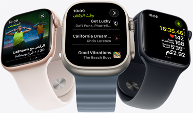 شاشة Apple Watch تعرض قائمة تشغيل +Fitness، متضمة أغنيات لفنانين هم The Weeknd وSkrillex وJustin Bieber وShawn Mendes