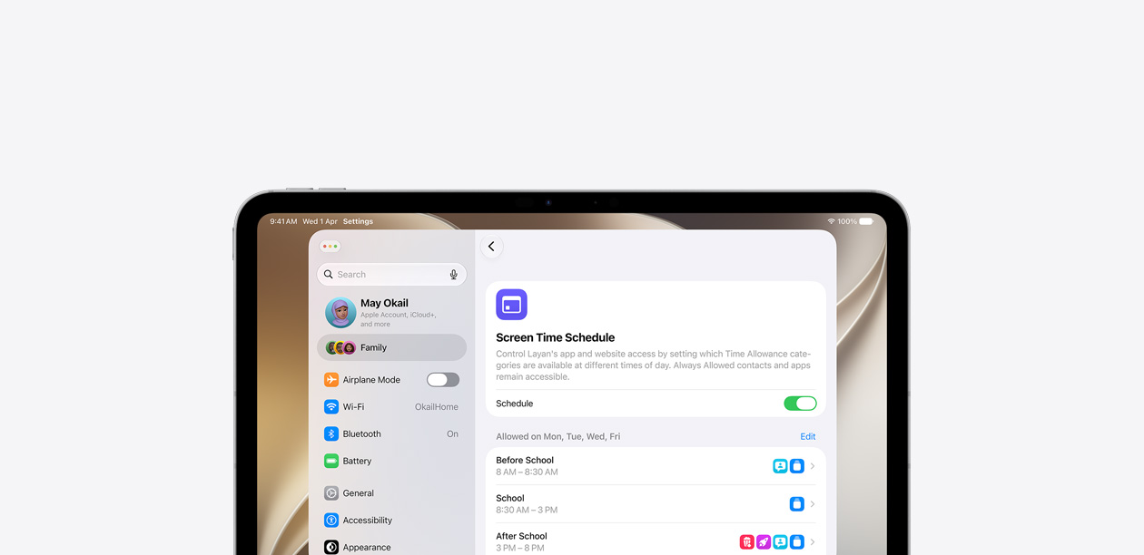 iPad displaying the Screen Time Schedule feature with a horizontal timeline showing which categories of apps and websites are allowed before school, during school, and after school.
