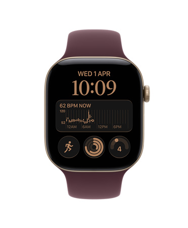 Apple Watch Series 12, aluminum case, light gold color, heart rate app, HRV average 72 ms, Sport Band, burgundy color