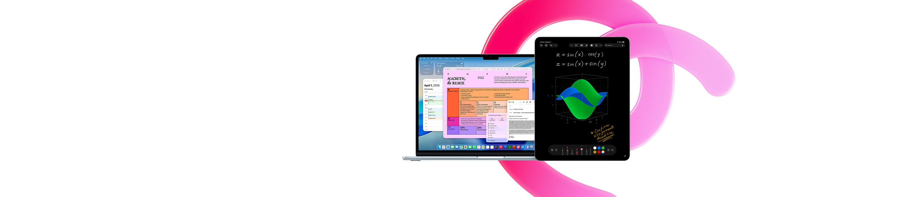 MacBook Air shows Pages, Calendar, Alert and Mail alongside an iPad that shows handwritten equations in Math Notes, demonstrating productivity with built-in apps