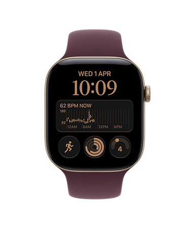 Apple Watch Series 12, screen shows heart rate app, health and fitness icons, aluminium case, light gold colour, connected to Sport Band, burgundy colour