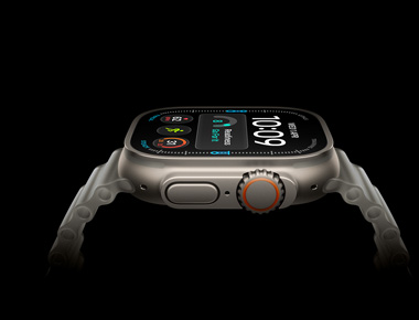 Apple Watch Ultra 4, side view, titanium case, silver color, digital time display, health and fitness metrics, orange Digital Crown side button