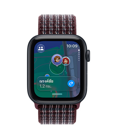 Apple Watch SE 3, aluminum case, midnight color, screen shows Find My app (memojis on a map background), right side exterior, Digital Crown dial, Sport Loop band, burgundy plaid color