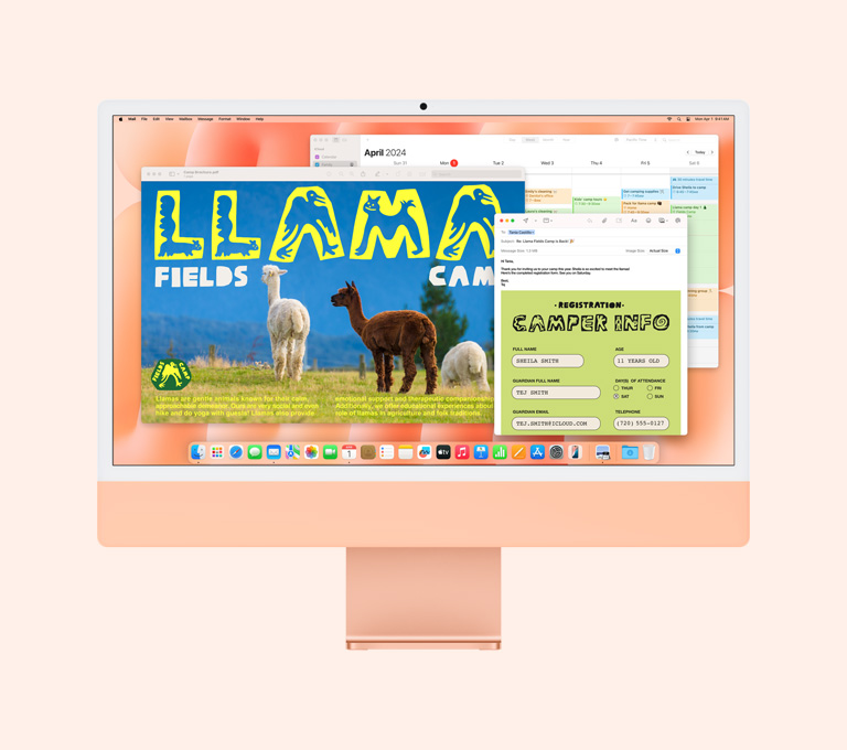 橙色 iMac 的螢幕顯示正在使用預覽、郵件和行事曆 app。