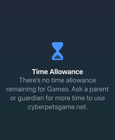 Time Allowance screen notifying the user that they’ve reached their limit for games with the option to ask for more time.