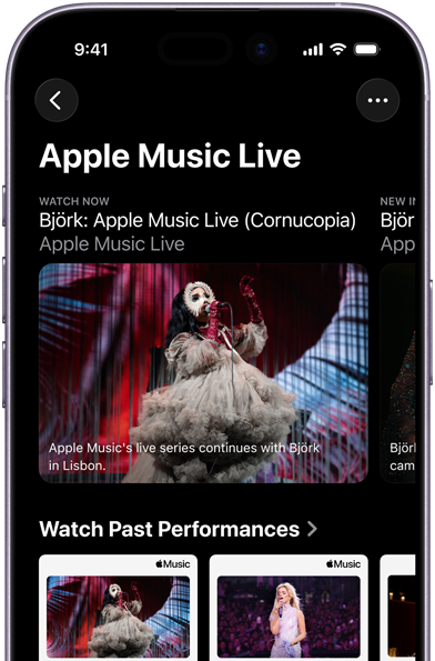 Apple Music Live Bildschirm auf dem iPhone mit «Jetzt ansehen» und vergangenen Konzerten