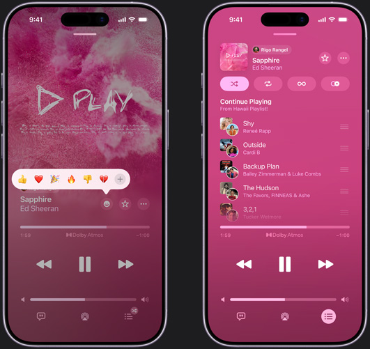 Ein iPhone auf der linken Seite zeigt «Sapphire» von Ed Sheeran auf dem iPhone Display mit einer Emoji-Eingabeaufforderung als Reaktion und den Optionen «Daumen hoch», «Herz», «Feiern», «Daumen runter» oder «Weitere Reaktion hinzufügen». Das iPhone auf der rechten Seite zeigt eine gemeinsame Playlist namens «Hawaii Playlist» mit mehreren Songs, die von anderen Mitwirkenden hinzugefügt wurden