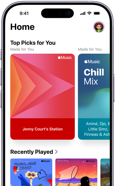 Bildschirm der Apple Music Startseite auf dem iPhone, «Top-Empfehlungen für dich» Karussell mit von Jenny Court personalisierten Sendern und Playlists