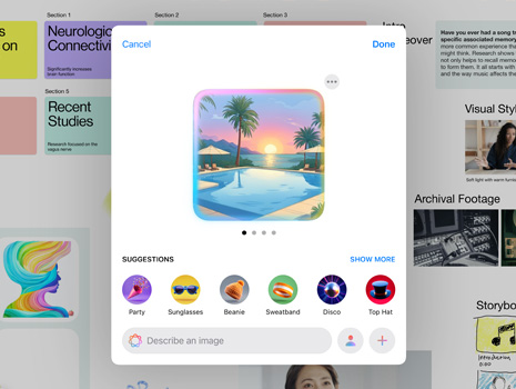In de gebruikersinterface van Image Playground is een zwembad met palmbomen tijdens een kleurrijke zonsondergang te zien, met suggesties voor meer elementen om aan de afbeelding toe te voegen.