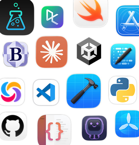 En række ikoner til kodningsapps, inklusive Unity Editor, DataCamp, Swift Playground og Apple Developer.