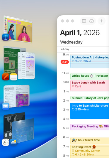 Forskellige Apple-apps, inklusive Keynote, Pages, Noter og Mail, vist i grupper på en skærm.