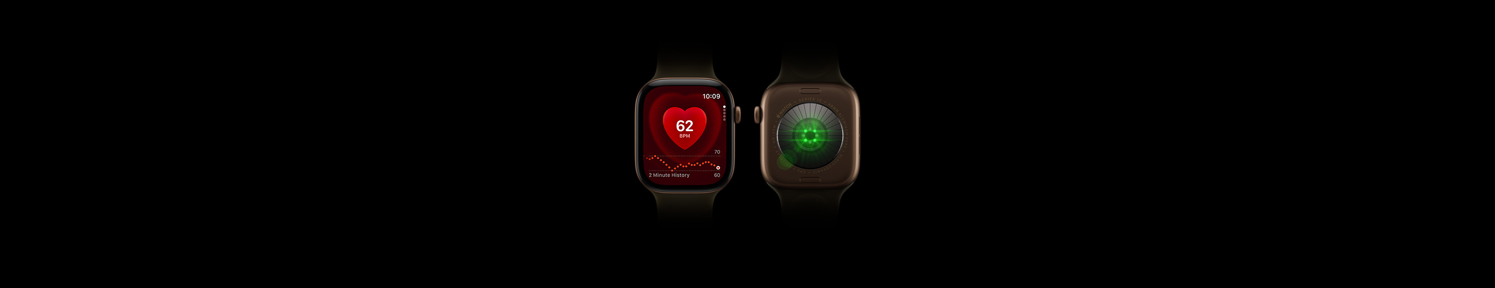 Two Apple Watch Series 12 devices, aluminum case, dark bronze color, olive Sport Band, one showing front of watch with Heart Rate app, one showing back of watch with Health Sensing System with glowing green LED lights
