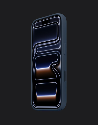 네이비 색상 실리콘 케이스를 씌운 딥 블루 색상 iPhone 17 Pro 앞면