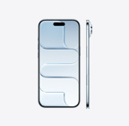 상단 중앙의 Dynamic Island가 보이는 스카이 블루 색상 iPhone Air 앞면, 매우 얇은 두께, 측면 버튼, 카메라 컨트롤 버튼이 보이는 옆면