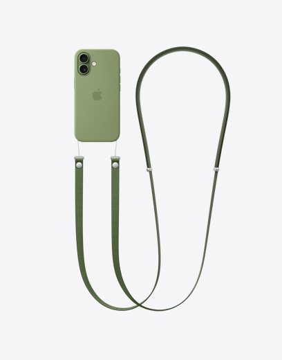 iPhone 17 機身背面，展示綠色護殼，連接綠色斜孭掛繩。
