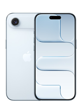 天藍色 iPhone Air 機身背面，融合相機系統位於頂部，Apple 標誌在中央；天藍色 iPhone Air 機身正面，展示位於頂部中央的動態島。