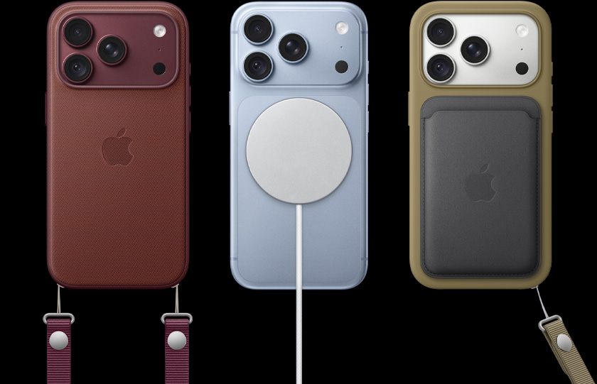 De izquierda a derecha, un iPhone 18 Pro con funda de piel color borgoña y correa de muñeca color borgoña, un iPhone 18 Pro color glaciar con cargador MagSafe blanco conectado y un iPhone 18 Pro color plata con funda verde con cartera de piel negra y correa de muñeca.
