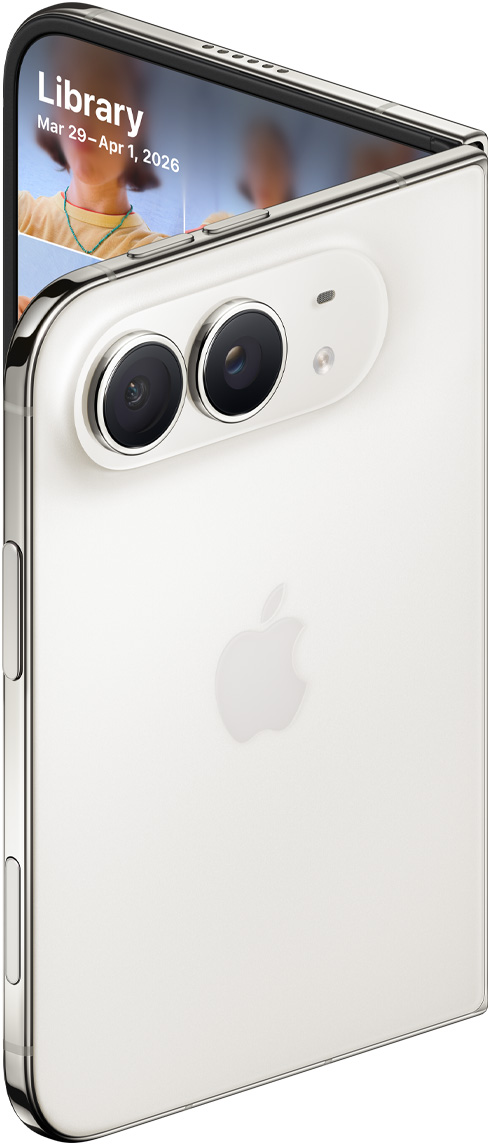 iPhone Duo, color blanco estrella, semiabierto, parte posterior, cámaras Fusion traseras de 48 MP en la esquina superior, dos lentes, micrófono, flash