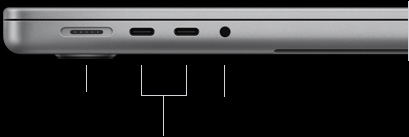 MagSafe 3 포트, Thunderbolt 4 포트 2개, 헤드폰 잭이 보이도록, M5 칩 탑재 MacBook Pro 14를 닫혀 있는 상태로 왼쪽 옆에서 바라본 모습