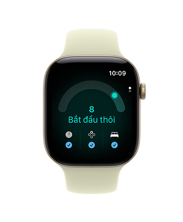 Apple Watch Series 12, vỏ nhôm, màu vàng nhạt, ứng dụng Sẵn Sàng với điểm số sẵn sàng là 8, Dây Đeo Thể Thao, màu sen đá nhạt (vàng nhạt pha xanh lá)